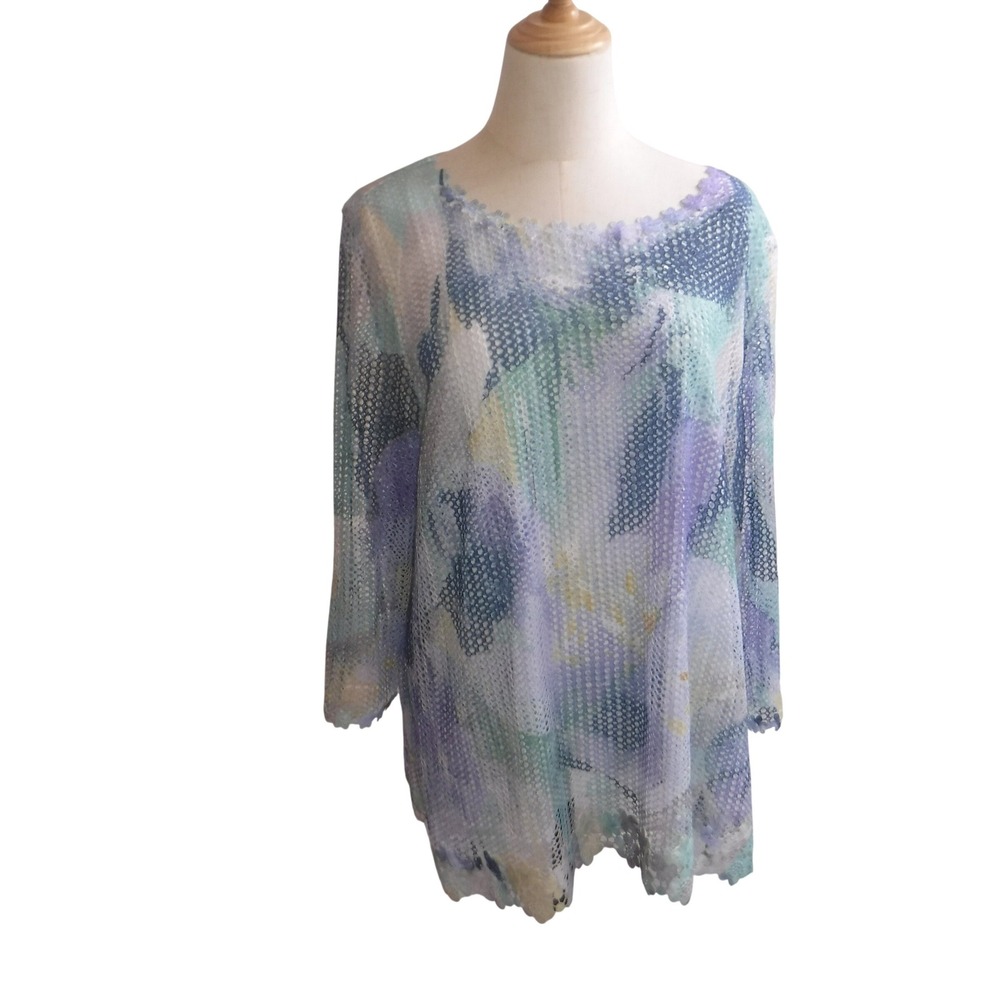 Alfred Dunner Floral Lace Mesh Sequin Top Purple Blue Green XL Womens 3/4 Sleeve